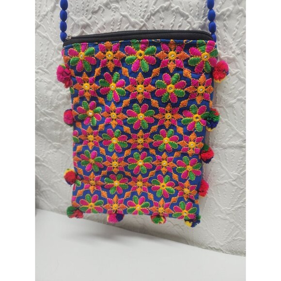 Multicolored Embroidered India Purse PomPoms Zip Closure Bright Colorful... - Picture 3 of 6